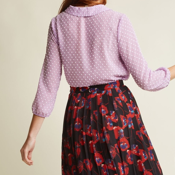 NEW Sheer Button-Up Blouse in Lavender Dots Long Sleeve - Picture 2 of 8